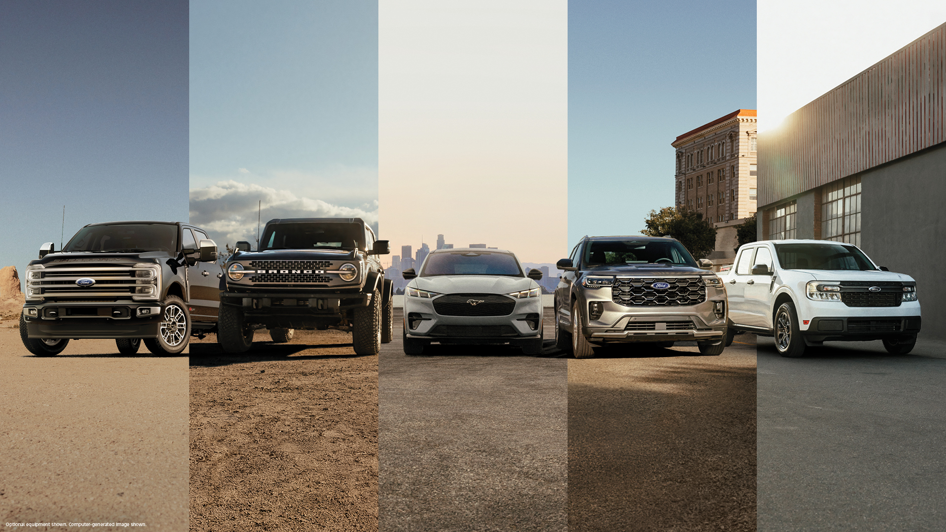 A pack shot of Ford vehicles including Super Duty®, Bronco®, Mustang Mach-E®, Explorer®, and Maverick®